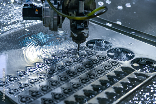 Industrial CNC water jet cutting machine cutting steel plate,cutting machine modern industrial technology.