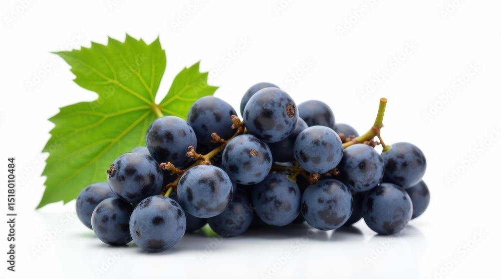 Fototapeta premium Fresh Purple Grapes with Dewdrops and Green Leaf Displayed