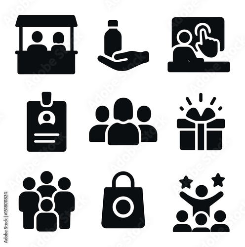 Trade Show Icons. Solid, filled icons set of live brand engagement at trade shows: expo booth, product sample,
