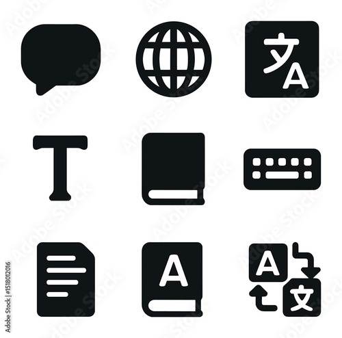 Translation Icon Set. Solid, filled icons set of language translation and editing: speech bubble, globe icon,