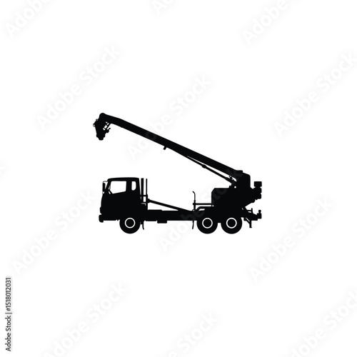 Silhouette of a concrete pump truck with pipe on white background