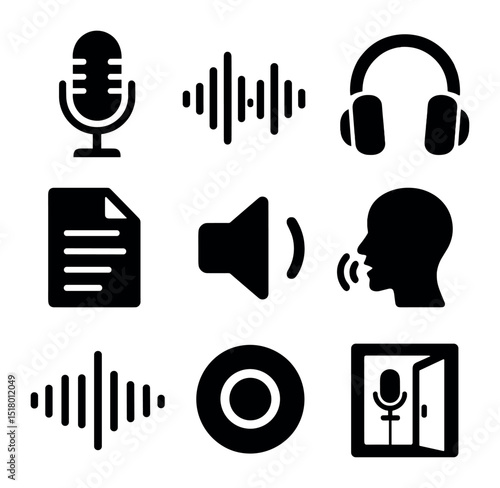 Voiceover Recording Icons. Solid, filled icons set of professional voiceover recording: microphone icon, sound