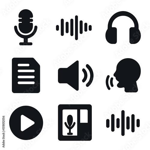 Voiceover Icons Set. Solid, filled icons set of engaging voiceover content: microphone icon, audio wave,