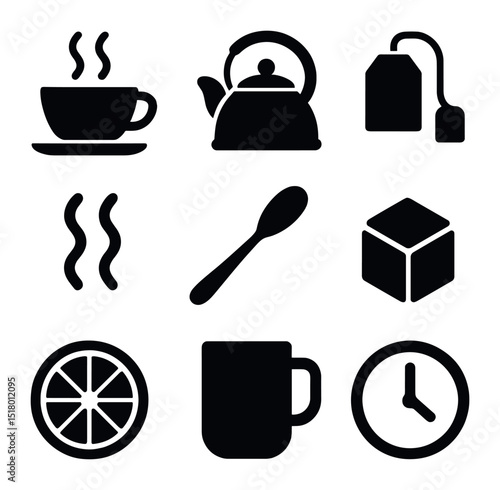 Tea Break Icons. Solid, filled icons set of making a cup of tea during work breaks: teacup icon, kettle icon,