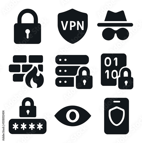 Data Security Icons. Solid, filled icons set of protecting personal data online: padlock icon, VPN icon,