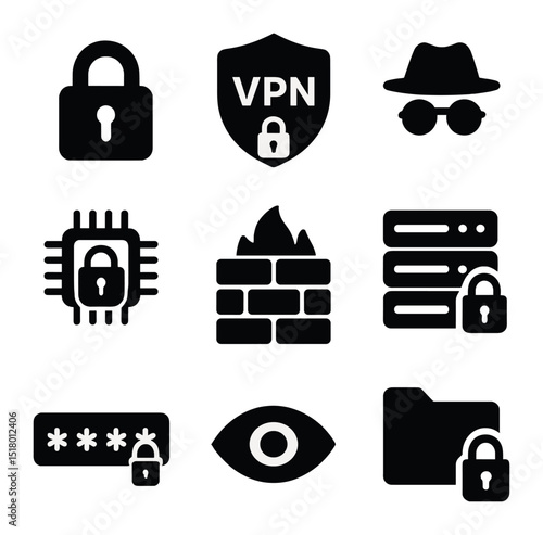Digital Security Icons. Solid, filled icons set of digital identity protection: padlock icon, VPN icon,