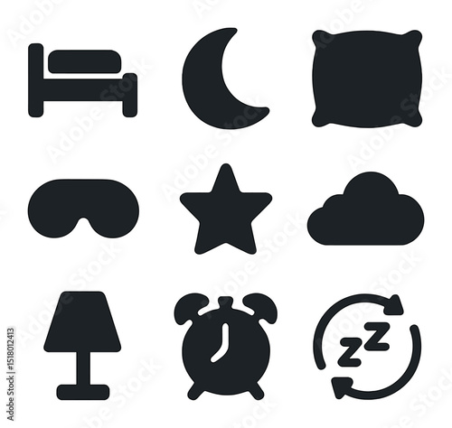 Sleep Rejuvenation Icons. Solid, filled icons set of sleep rejuvenation: bed icon, moon icon, pillow icon,