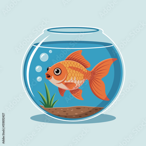 Cute cartoon goldfish swimming in a glass fishbowl with bubbles and simple aquatic plants illustrated on a light blue background.