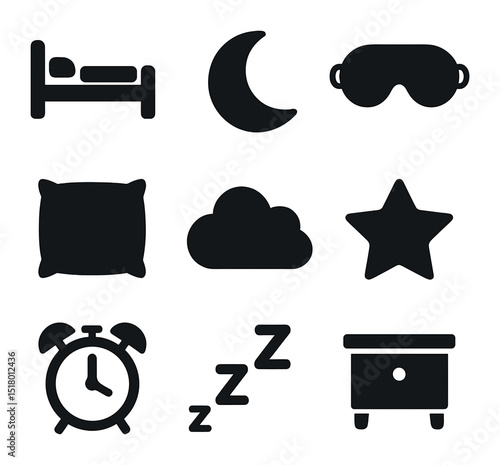 Sleep Quality Icons. Solid, filled icons set of improving sleep quality: bed icon, moon icon, pillow icon,