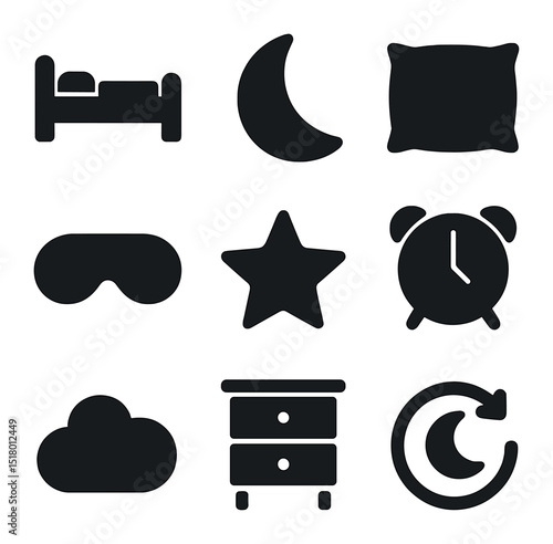 Night Rest Icons. Solid, filled icons set of night rest and recovery: bed icon, moon icon, sleep mask, pillow