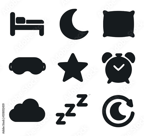 Bedtime Icons Set. Solid, filled icons set of bedtime rest and renewal: bed icon, moon icon, pillow icon,