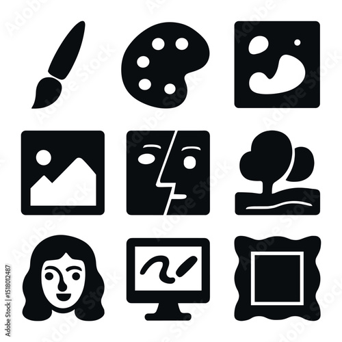 Art Icon Grid. Solid, filled icons set of visual art styles: paintbrush icon, color palette, abstract art,