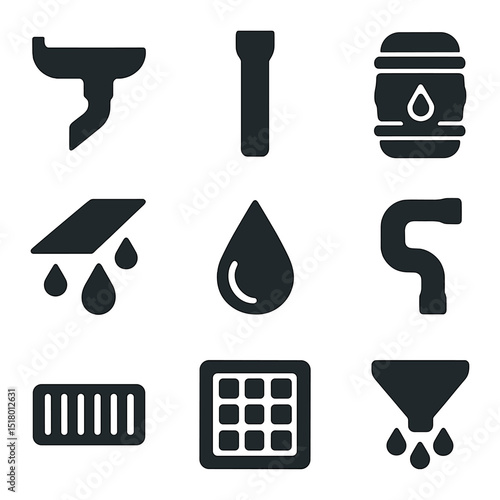 Rainwater System Icons. Solid, filled icons set of rainwater drainage system: gutter icon, downspout icon,