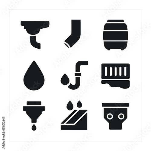 Rainwater System Icons. Solid, filled icons set of rainwater harvesting system: gutter icon, downspout, rain