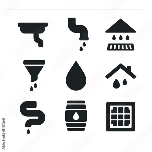 Rainwater Management Icons. Solid, filled icons set of rainwater control and management: gutter icon,