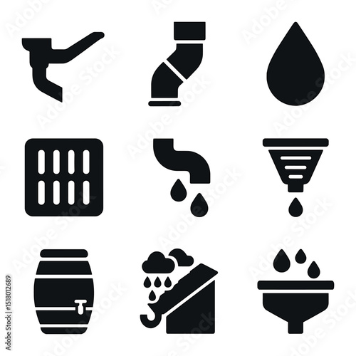 Rainwater Management Icons. Solid, filled icons set of efficient rainwater management: gutter icon, downspout,