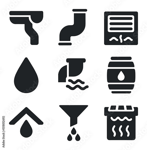 Stormwater Icon Set. Solid, filled icons set of stormwater and drainage: gutter icon, downspout, storm drain,