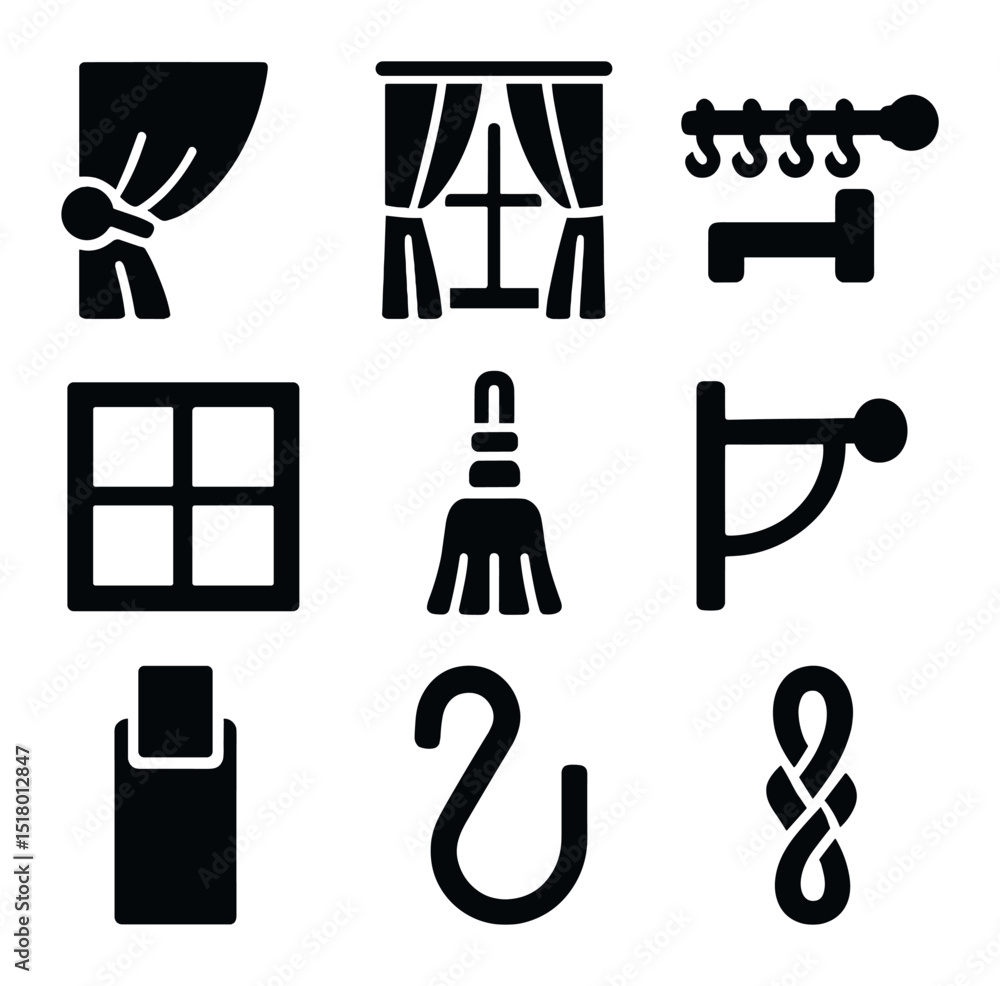 Fototapeta premium Home Decor Icon Set. Solid, filled icons set of enhancing home window decor: curtain tieback icon, drapery,