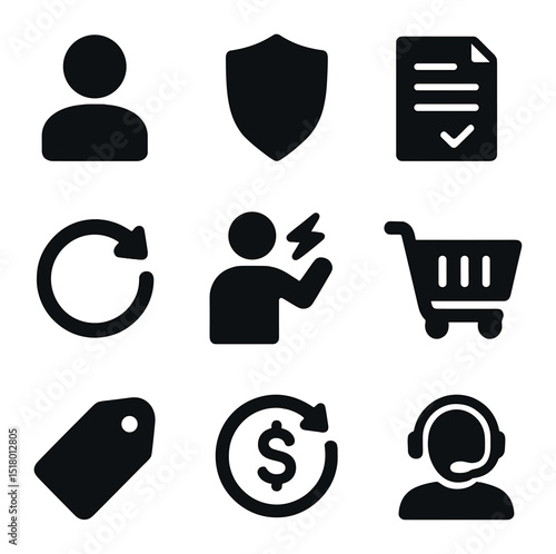 Consumer Rights Icons. Solid, filled icons set of consumer rights: consumer icon, shield icon, contract icon,