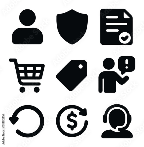 Consumer Protection Icons. Solid, filled icons set of trusted consumer protection: consumer icon, shield icon,
