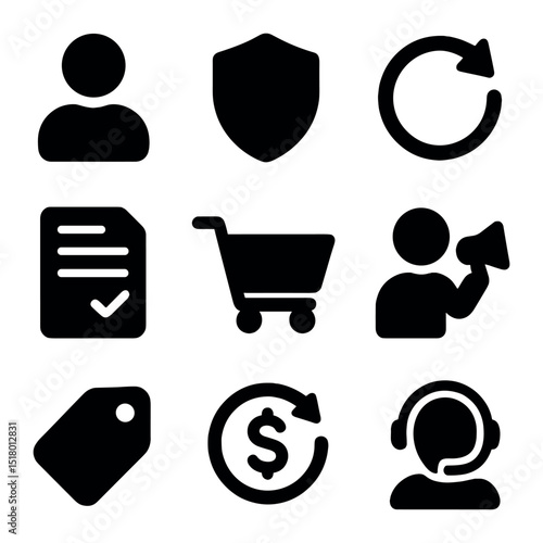 Consumer Protection Icons. Solid, filled icons set of ensuring consumer safety and rights: consumer icon,