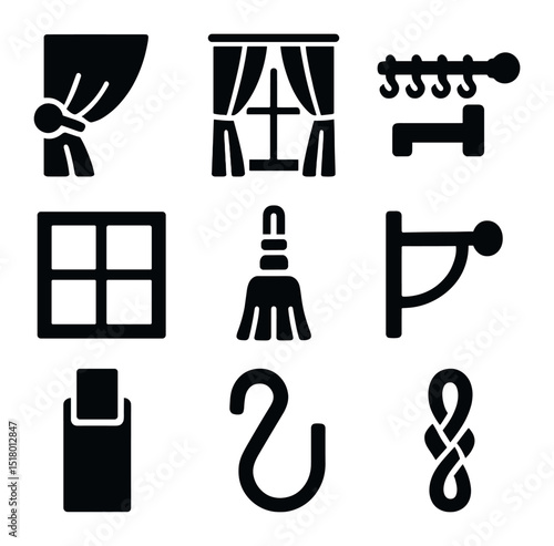 Home Decor Icon Set. Solid, filled icons set of enhancing home window decor: curtain tieback icon, drapery,