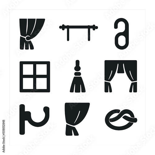 Curtain Accessory Icons. Solid, filled icons set of curtain tieback: curtain tieback icon, curtain rod,