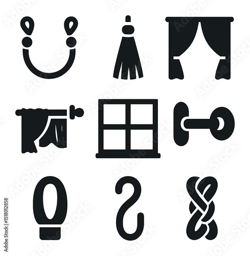 Elegant Curtain Accessories. Solid, filled icons set of elegant curtain accessories: curtain tieback,