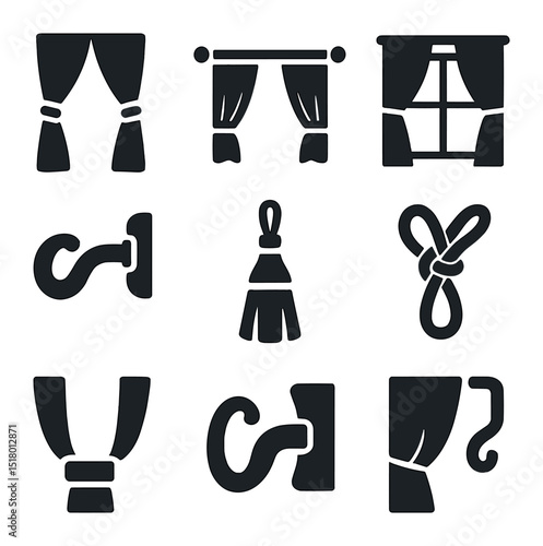 Curtain Tieback Icons. Solid, filled icons set of creative curtain tieback styles: curtain tieback, drapery,
