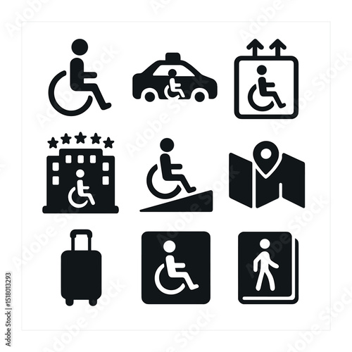 Barrier-Free Tourism Icons. Solid, filled icons set of barrier-free tourism: wheelchair icon, accessible taxi,