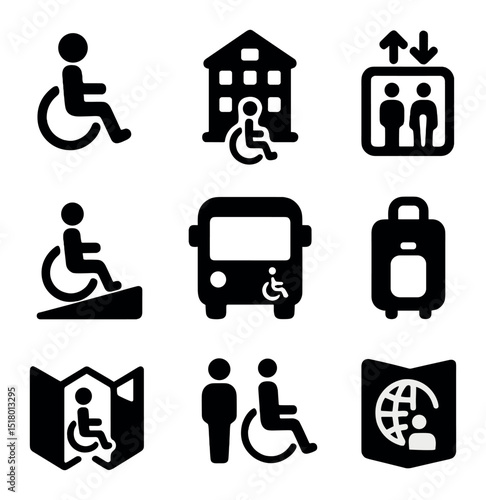 Accessibility Travel Icons. Solid, filled icons set of accessibility in travel: wheelchair icon, accessible