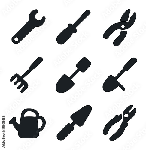 Gardening Tools Icons. Solid, filled icons set of gardening tool fix kit: wrench icon, screwdriver icon,