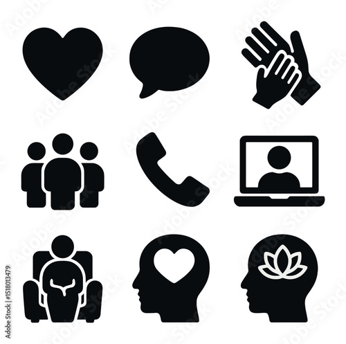 Mental Health Icons. Solid, filled icons set of mental health support networks: heart icon, talk bubble,