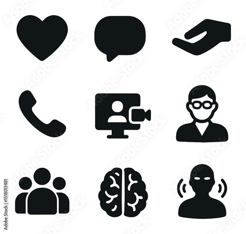 Well-Being Support Icons. Solid, filled icons set of well-being support networks: heart icon, talk bubble,