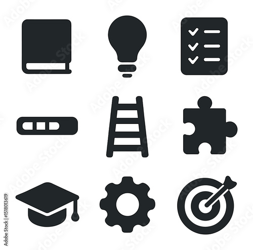 Skill Mastery Icons. Solid, filled icons set of mastering new skills: book icon, lightbulb icon, checklist