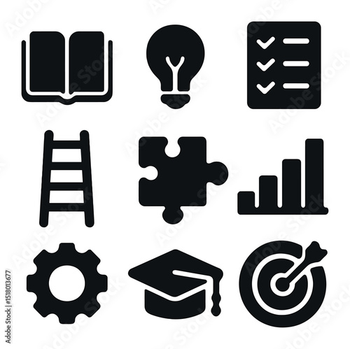 Self-Improvement Icon Grid. Solid, filled icons set of self-improvement: book icon, lightbulb icon, checklist