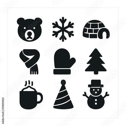 Winter Celebration Icons. Solid, filled icons set of winter creature celebration: polar bear, snowflake, igloo