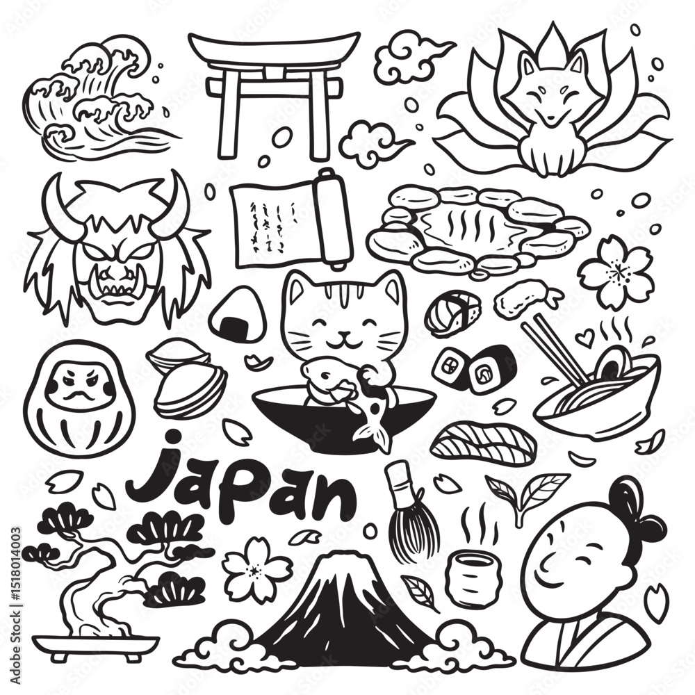 Fototapeta premium Cute japanese doodles, asians doodle