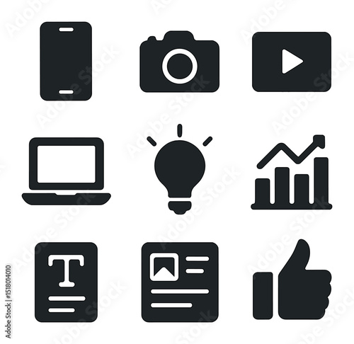 Social Media Icons Grid. Solid, filled icons set of social media marketing tools: smartphone icon, camera icon