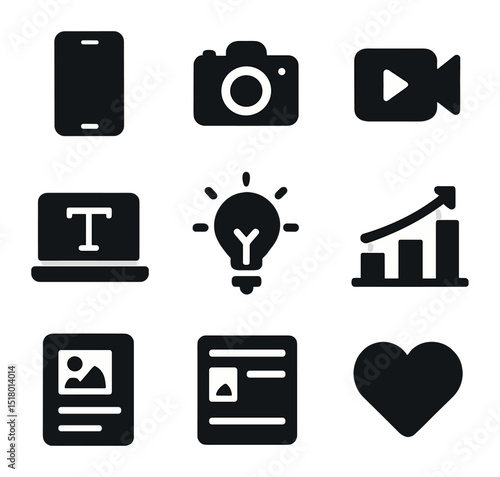 Social Media Icons Grid. Solid, filled icons set of social content management: smartphone icon, camera icon,