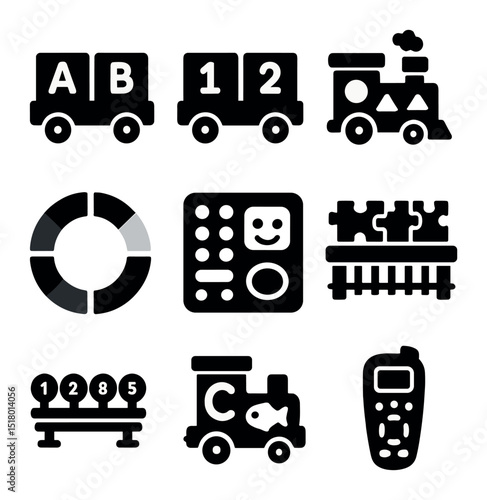 Train Toy Icons. Solid, filled icons set of train-themed educational toys: ABC train cars, number wagons,