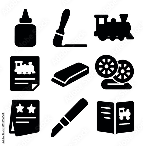 DIY Train Model Icons. Solid, filled icons set of DIY train model kits: glue bottle, paintbrush, model engine,