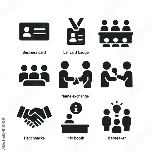 Networking Icons Grid. Solid, filled icons set of networking events: business card, lanyard badge, panel
