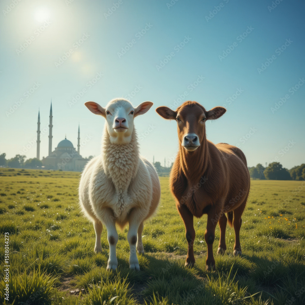 Obraz premium Sheep and Cow Standing Together in Meadow with Mosque Background – Eid al-Adha Theme..