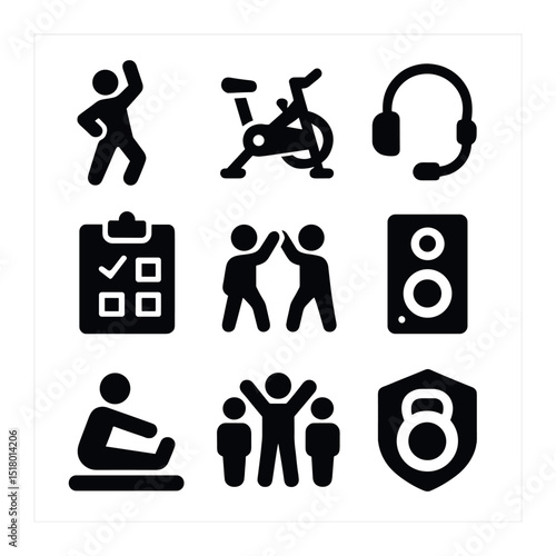 Group Fitness Icons. Solid, filled icons set of group fitness classes: dance icon, spin bike, instructor mic,