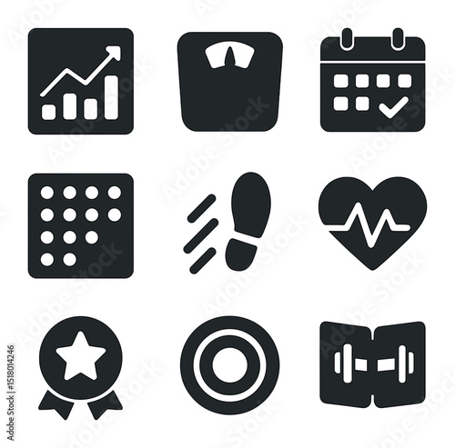 Fitness Tracking Icons. Solid, filled icons set of tracking fitness goals: progress chart, weight scale,