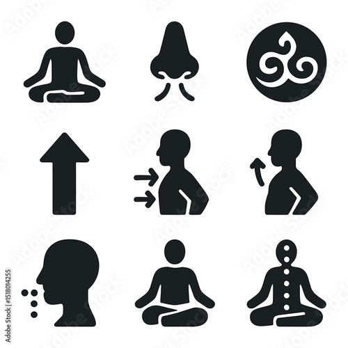 Yoga Breath Awareness Icons. Solid, filled icons set of breath awareness in yoga: yoga pose, nose icon, prana