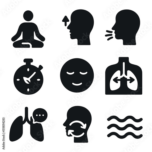 Deep Breathing Icons. Solid, filled icons set of deep breathing exercises: lotus pose, inhale icon, exhale
