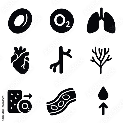 Blood Oxygen Icons. Solid, filled icons set of oxygen transport and blood: red blood cell, hemoglobin, oxygen