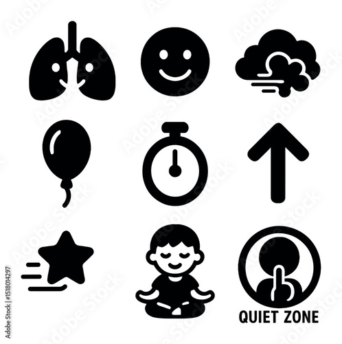 Mindful Breathing Icons. Solid, filled icons set of mindful breathing for kids: cartoon lungs, smiley face,